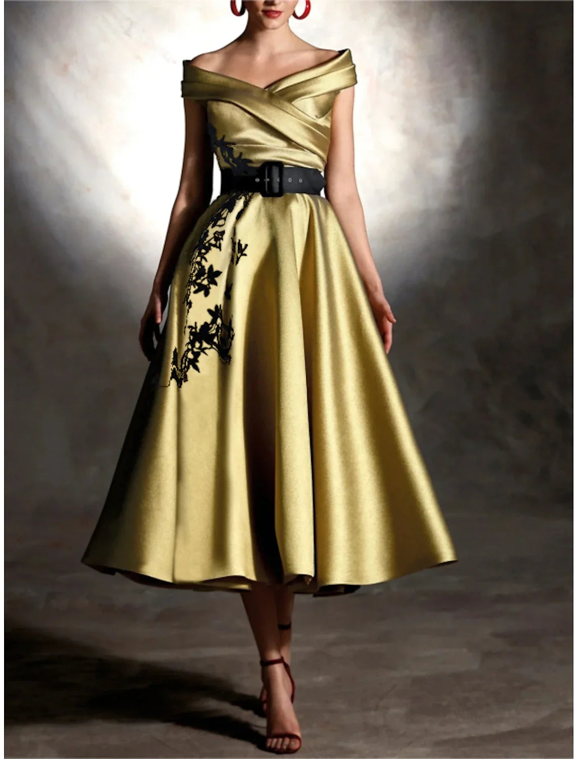 Champagne A-Line Off-Shoulder Satin Sleeveless Pleated Tea-Length Wedding Dress - Chloe Dress
