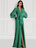 Sheath V-Neck Chiffon Long Sleeve High Slit Evening Gown - Chloe Dress