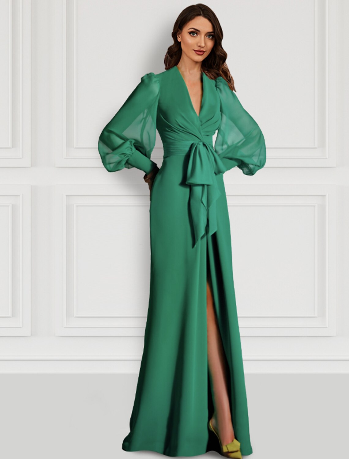 Green Mermaid V-Neck Chiffon Long Sleeve High Slit Evening Gown - Chloe Dress