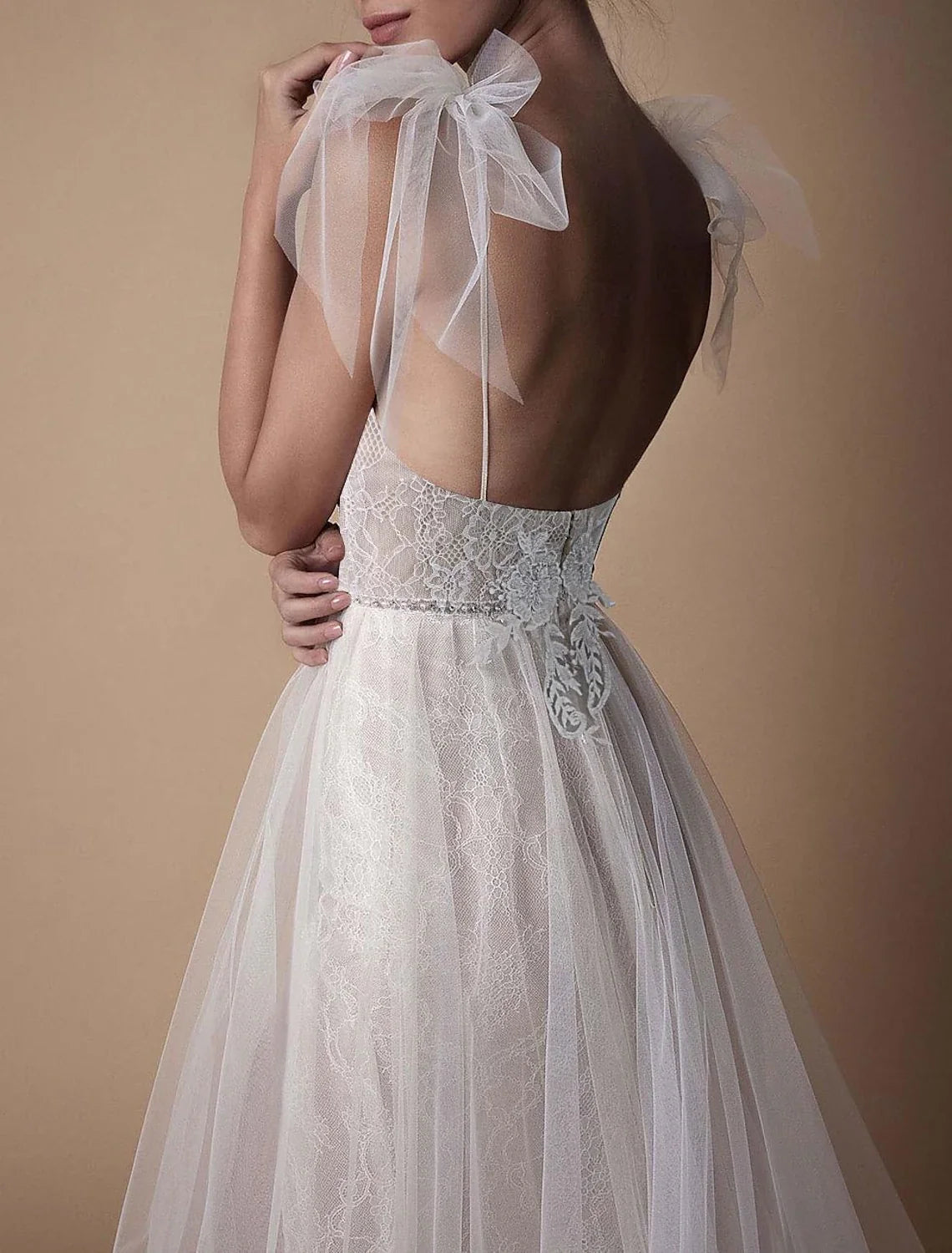 A-Line V-Neck Lace Sleeveless Train Wedding Gown - Chloe Dress