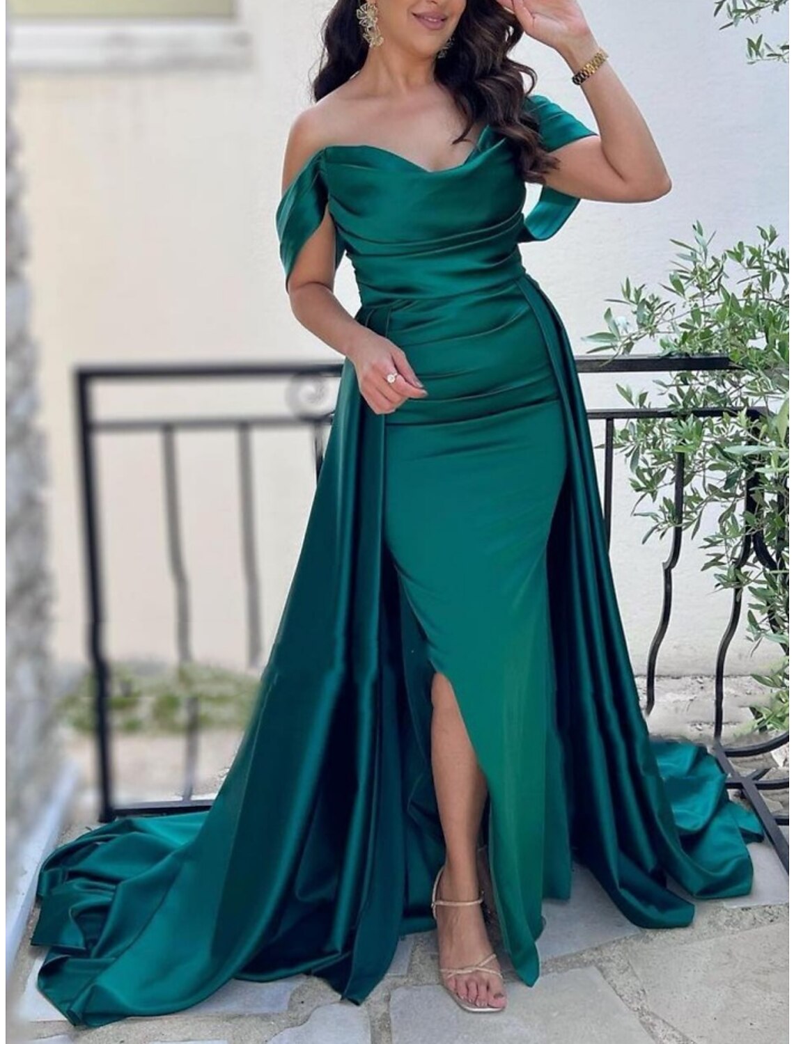 Green A-Line Off-Shoulder Satin Short Sleeve High Slit Mini Evening Gown - Chloe Dress