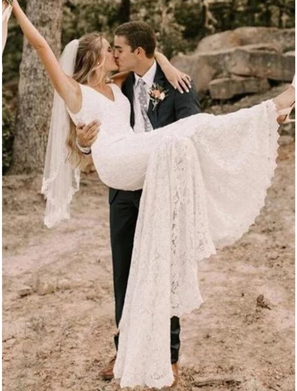 Mermaid V-Neck Lace Sleeveless Train Wedding Gown - Chloe Dress