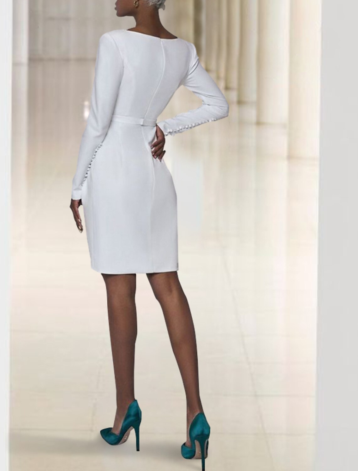 White Sheath V-Neck Long Sleeve Button Back Mini Wedding Gown - Chloe Dress