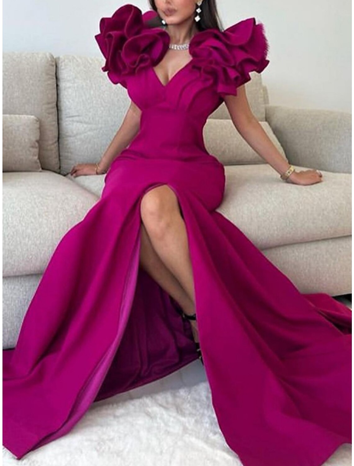 A-Line V-Neck Polyester Short Sleeve High Slit Floor-Length Evening Gown - Chloe Dress