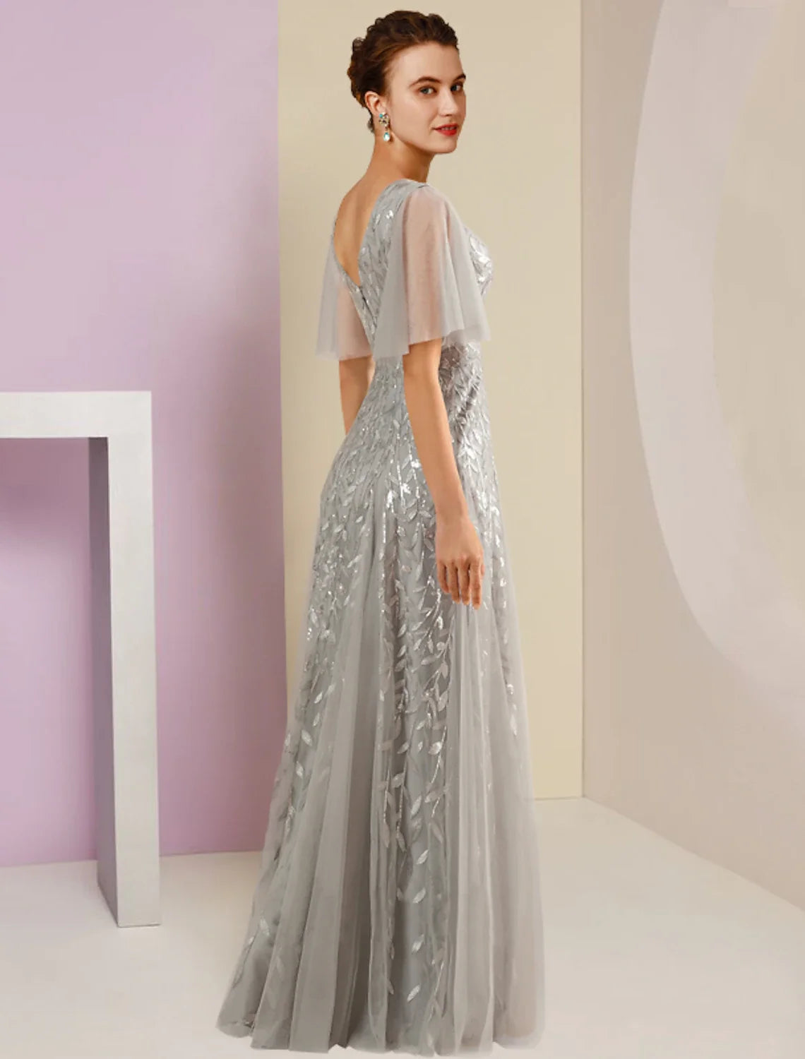 Sheath V-Neck Tulle Short Sleeve Pleated Floor-Length Party Dress - Chloe Dress