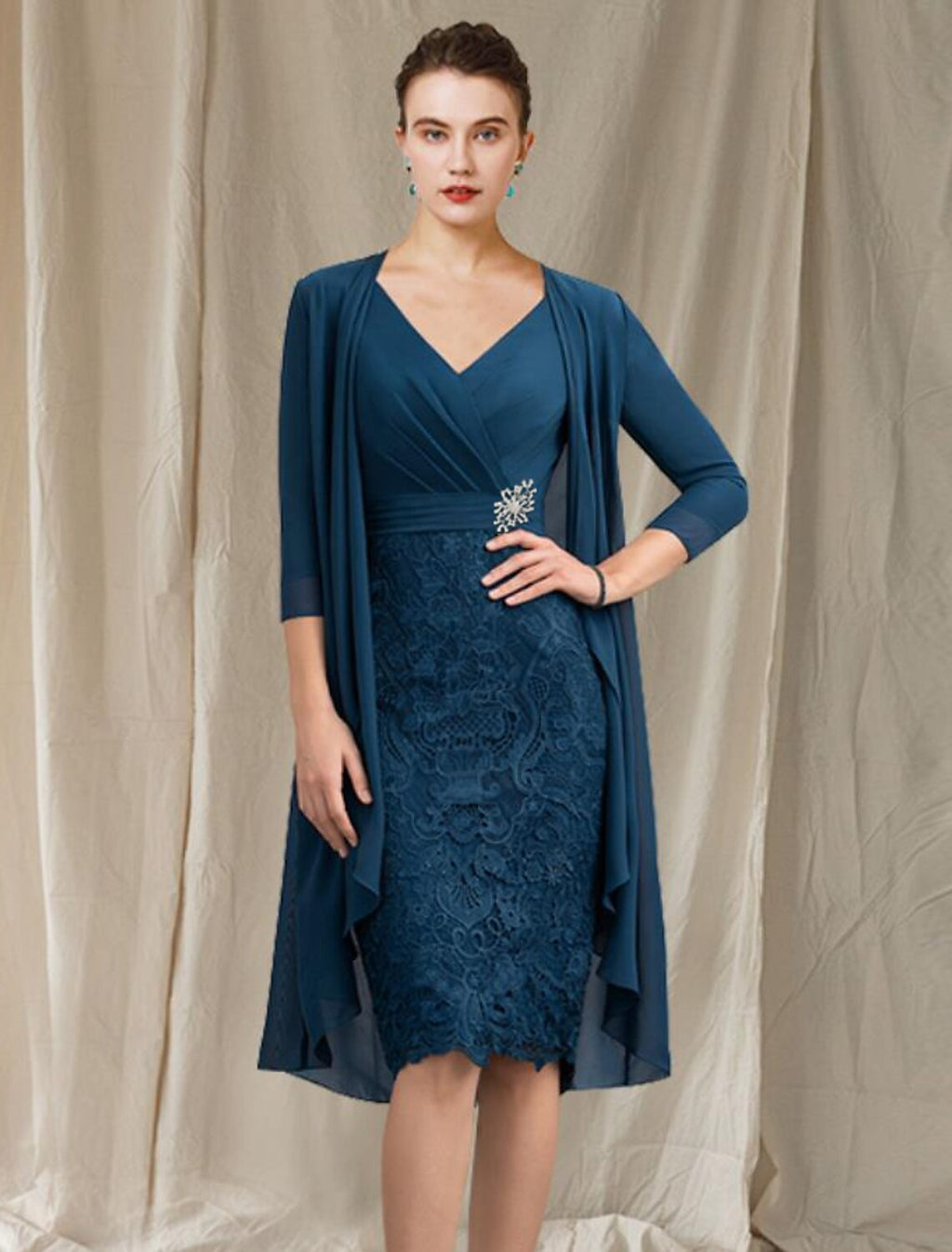 Sheath V-Neck Chiffon Applique Knee-Length Dress - Chloe Dress