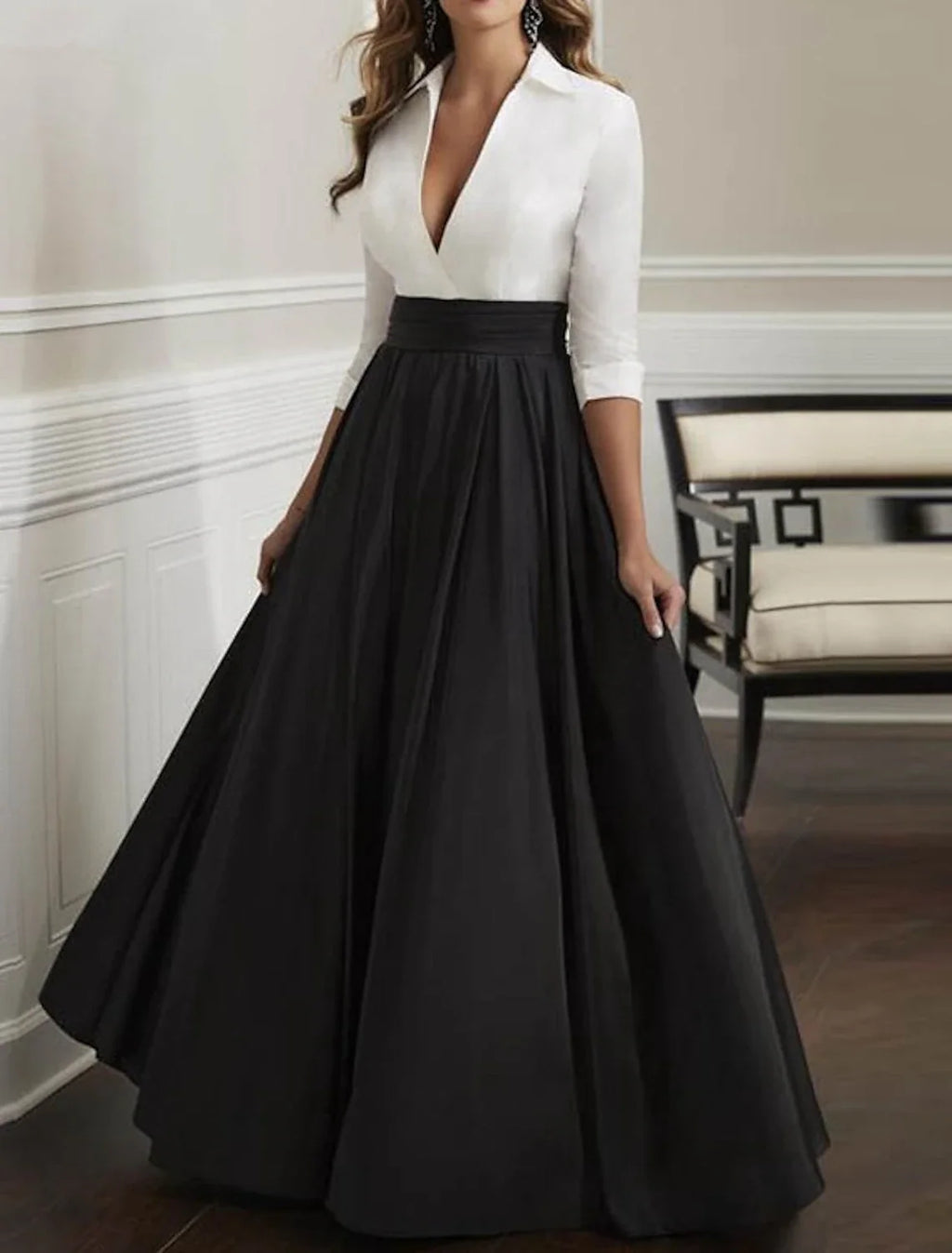 Black A-Line Satin Three-Quarter Sleeve Floor-Length Evening Gown - Chloe Dress