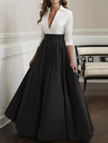 Black A-Line Satin Three-Quarter Sleeve Floor-Length Evening Gown - Chloe Dress