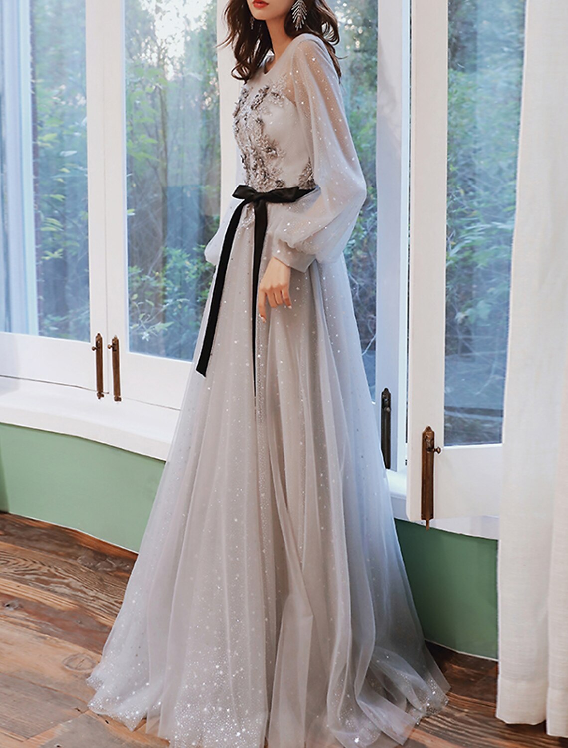 A-Line Tulle Long Sleeve Train Prom Dress - Chloe Dress