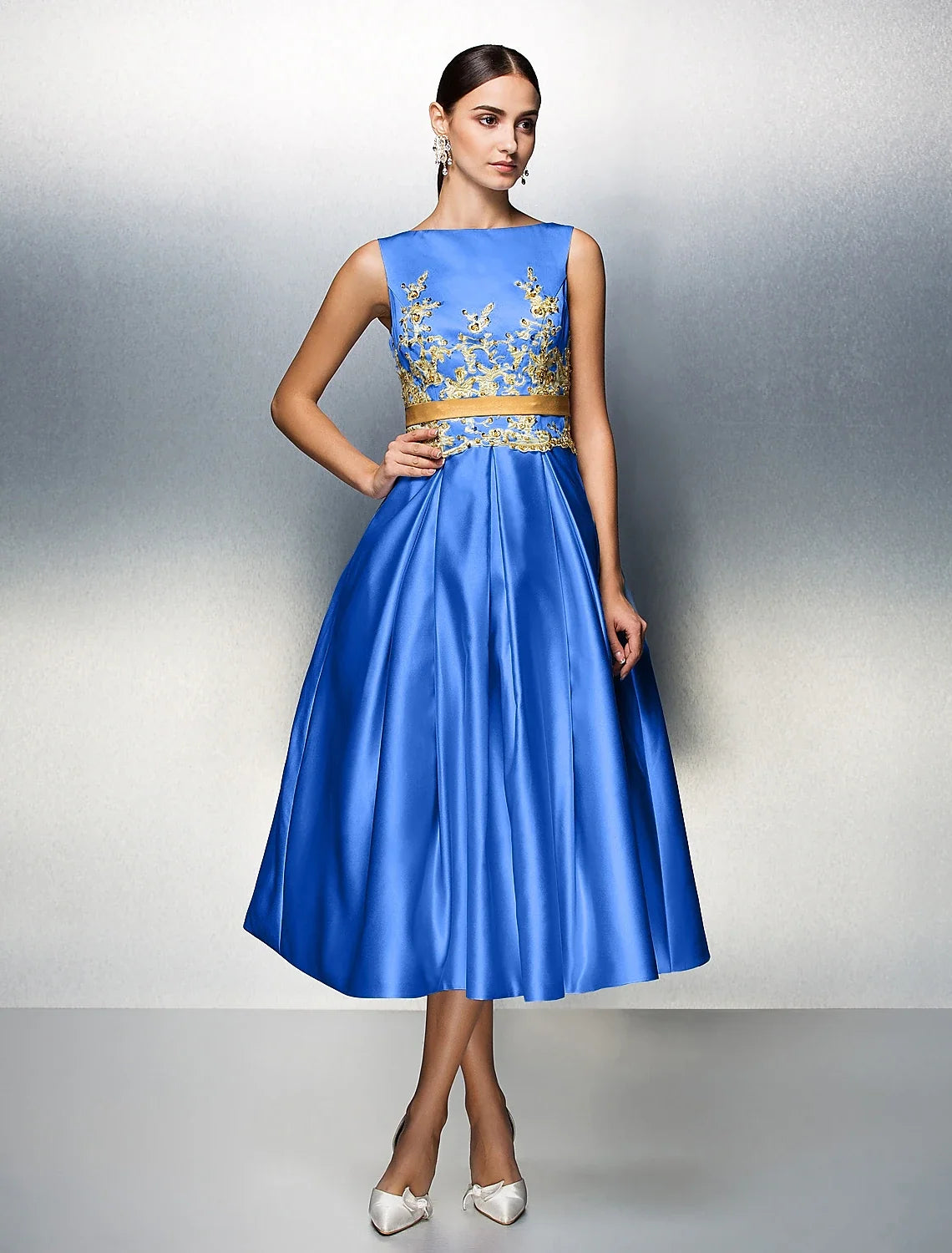 A-Line Satin Sleeveless Pleated Tea-Length Prom Dress - Chloe Dress