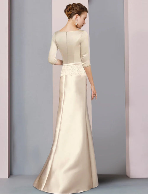 Sheath V-Neck Satin Three-Quarter Sleeve Floor-Length Wedding Dress - Chloe Dress