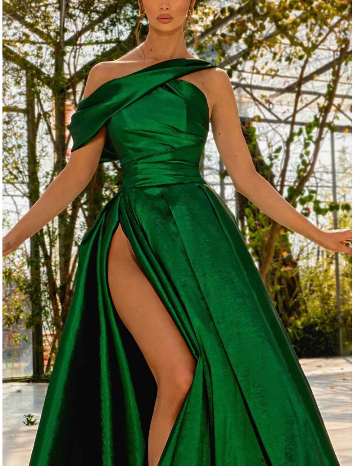 Green A-Line One-Shoulder Satin Sleeveless High Slit Evening Gown - Chloe Dress