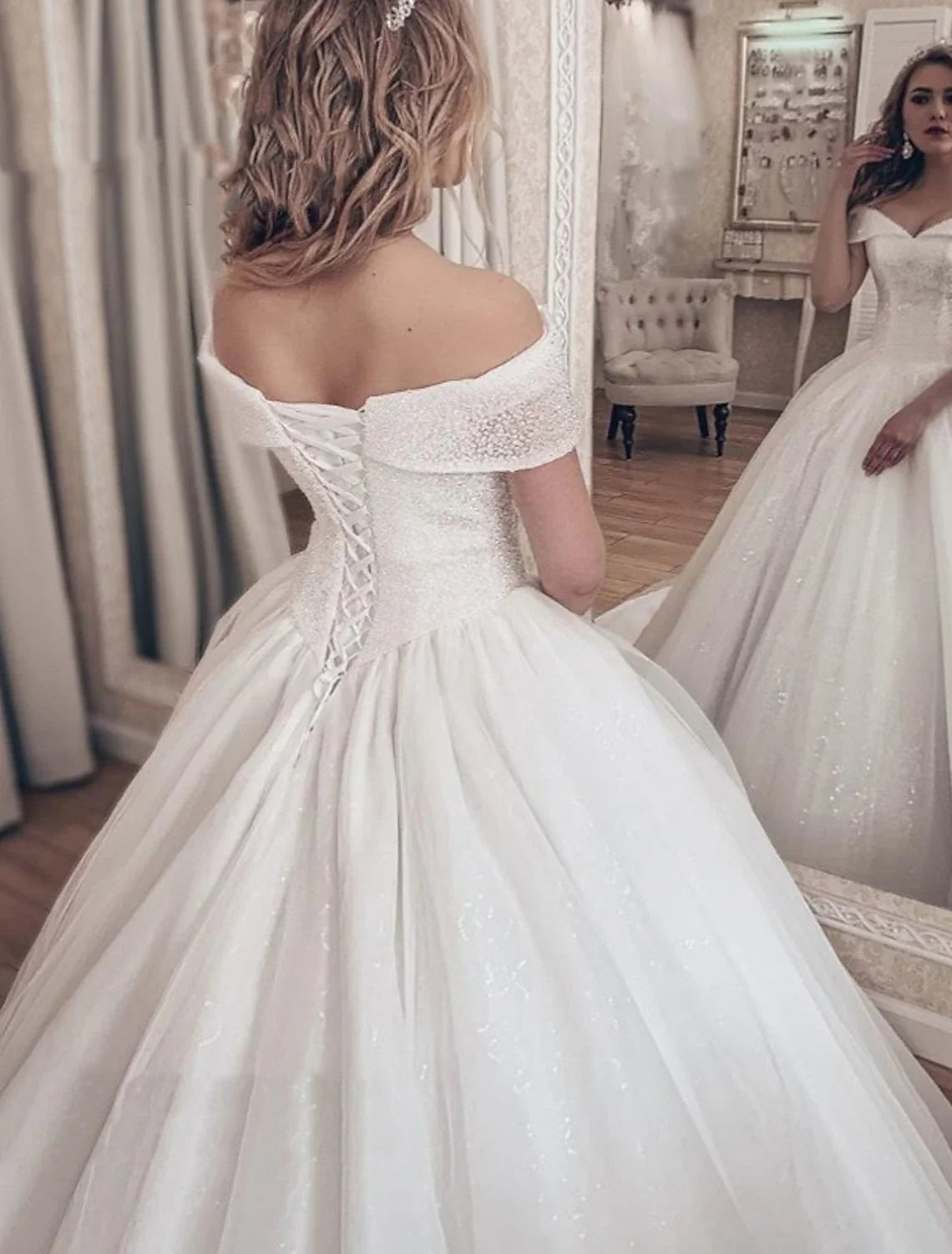 Ball Gown Off-Shoulder Tulle Cap Sleeve Pleated Wedding Gown - Chloe Dress