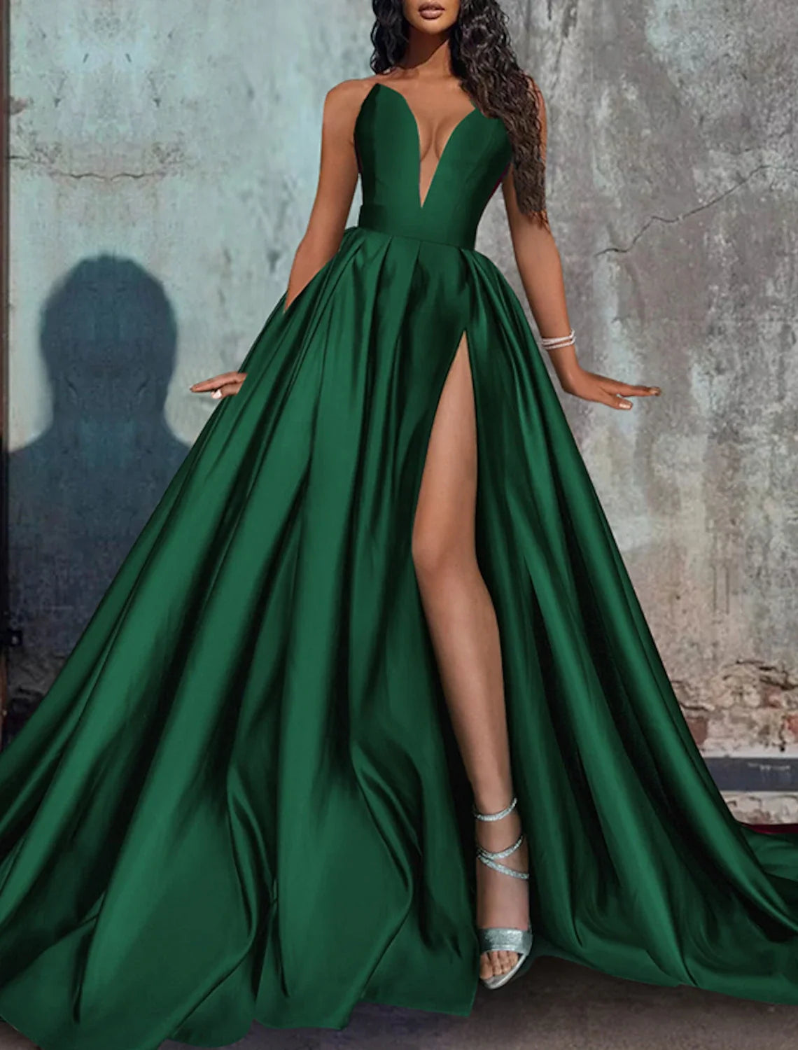 Green A-Line Strapless Satin Sleeveless High Slit Evening Gown - Chloe Dress