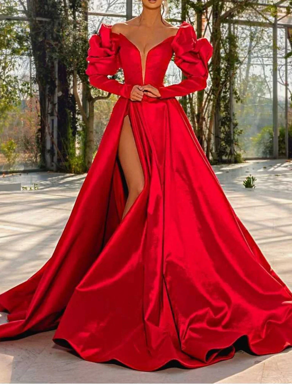 Green A-Line V-Neck Satin Long Sleeve High Slit Evening Gown - Chloe Dress