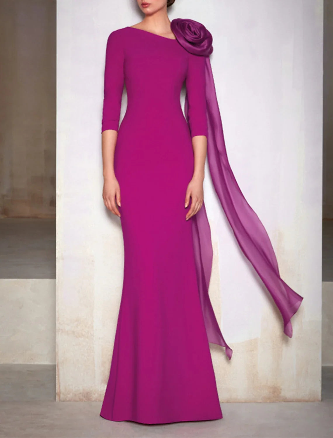 Mermaid Chiffon Three-Quarter Sleeve Floor-Length Evening Gown - Chloe Dress