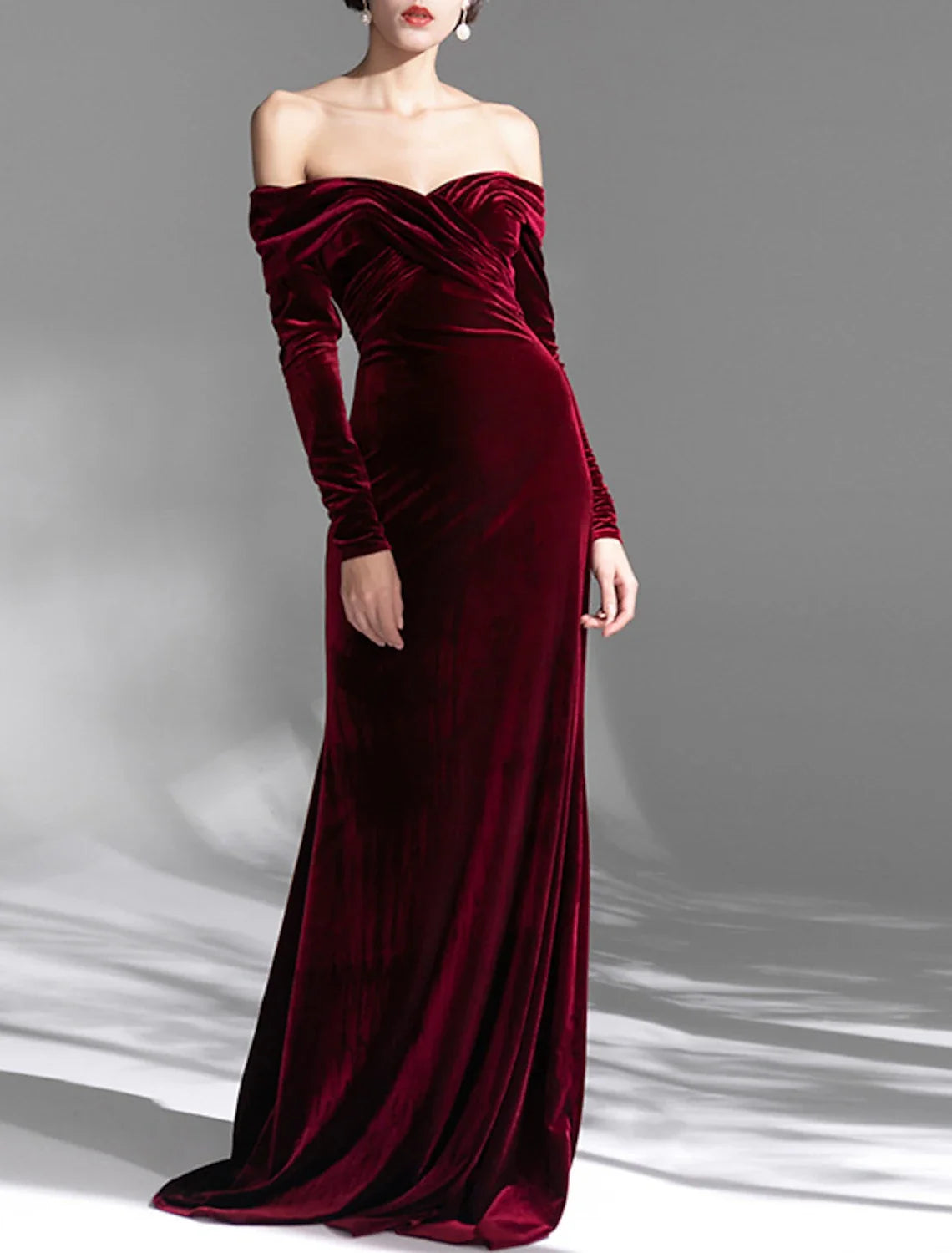Mermaid Off-Shoulder Velvet Long Sleeve Open Back Train Evening Gown - Chloe Dress