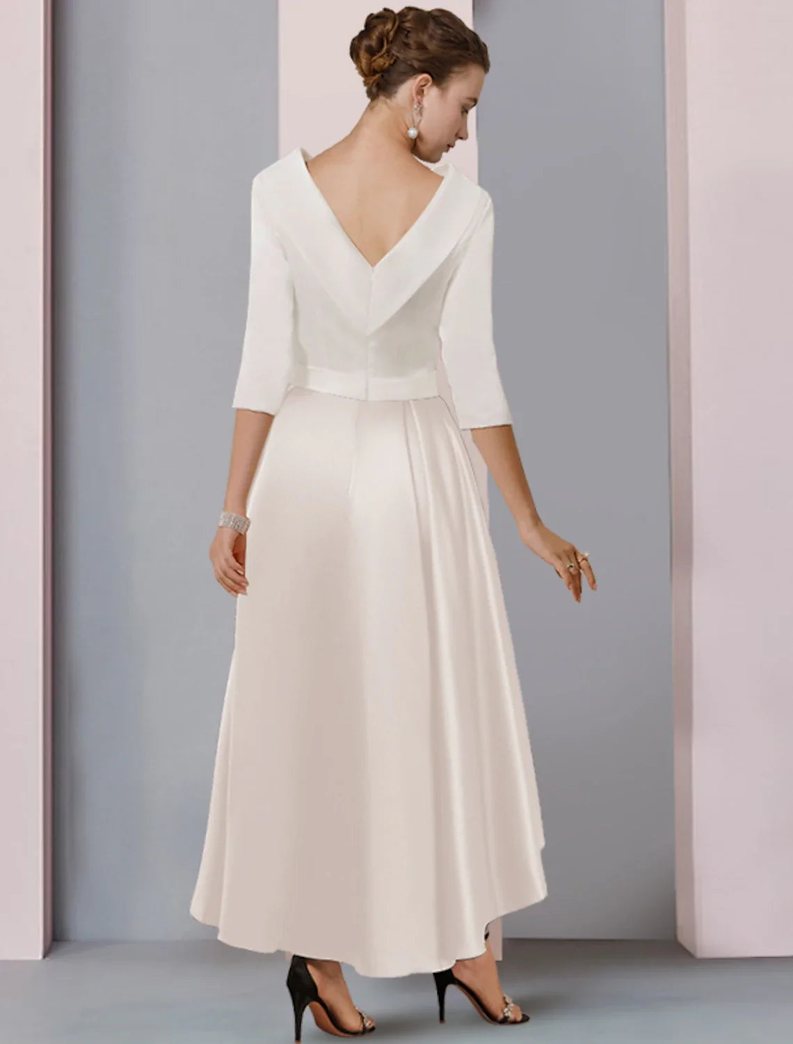 A-Line High Neck Satin Pleated Tea-Length Wedding Dress - Chloe Dress