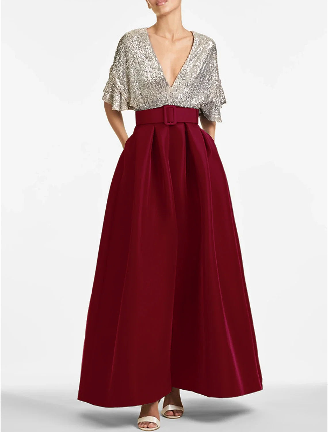 A-Line V-Neck Sequin Ankle-Length Evening Gown - Chloe Dress