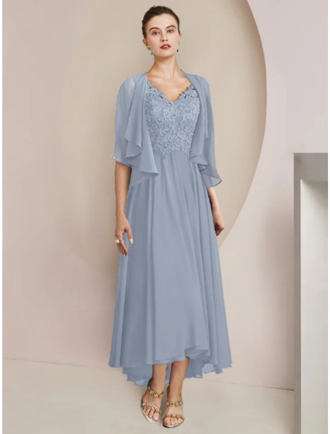 Sheath V-Neck Chiffon Pleated Ankle-Length Wedding Dress - Chloe Dress