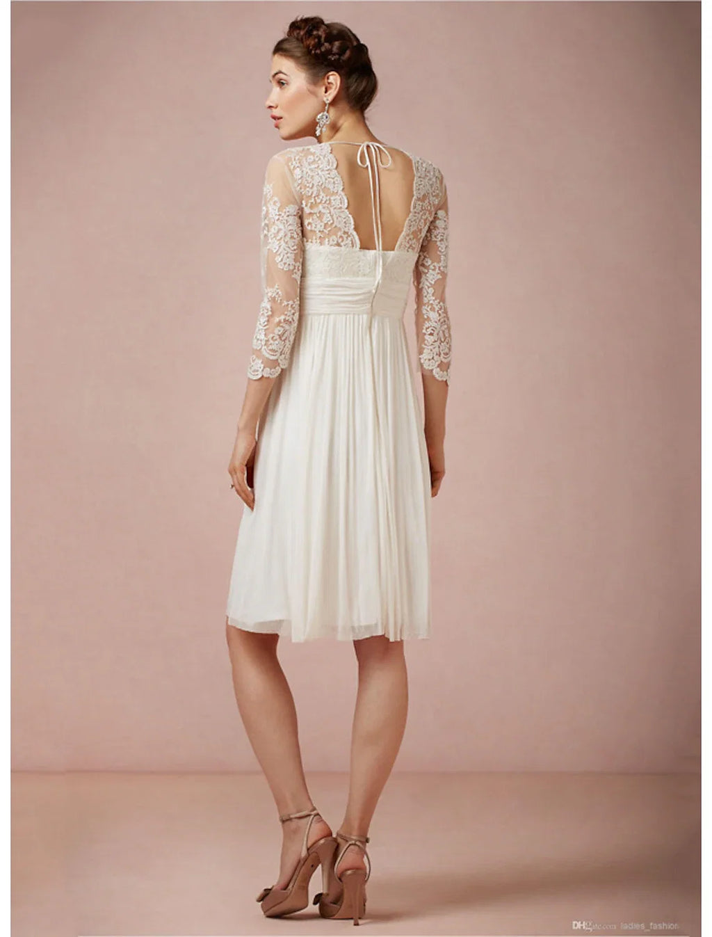 White A-Line V-Neck Chiffon Three-Quarter Sleeve Open Back Knee-Length Wedding Gown - Chloe Dress