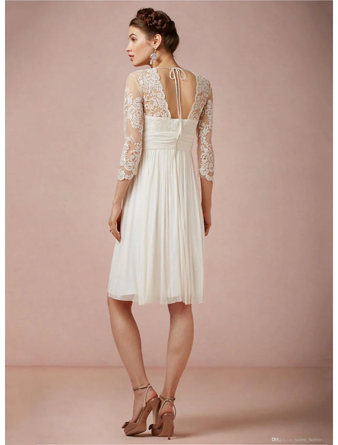 White A-Line V-Neck Chiffon Three-Quarter Sleeve Open Back Knee-Length Wedding Gown - Chloe Dress