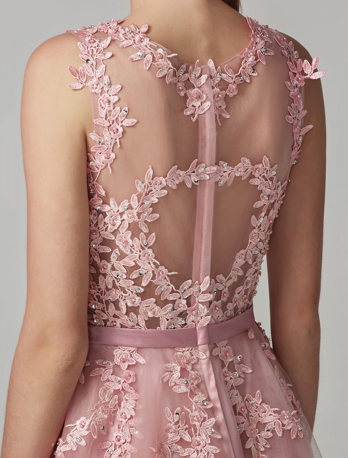 A-Line Illusion Tulle Sleeveless Applique Knee-Length Prom Dress - Chloe Dress