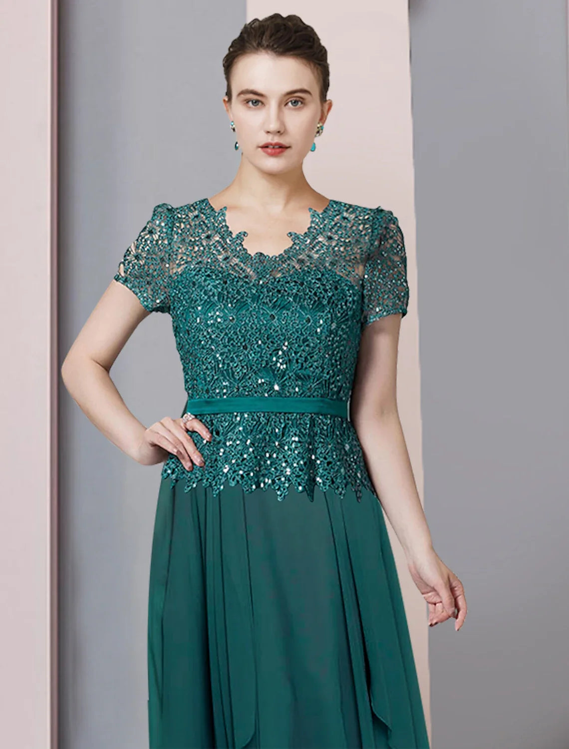 A-Line V-Neck Chiffon Short Sleeve Pleated Floor-Length Party Dress - Chloe Dress
