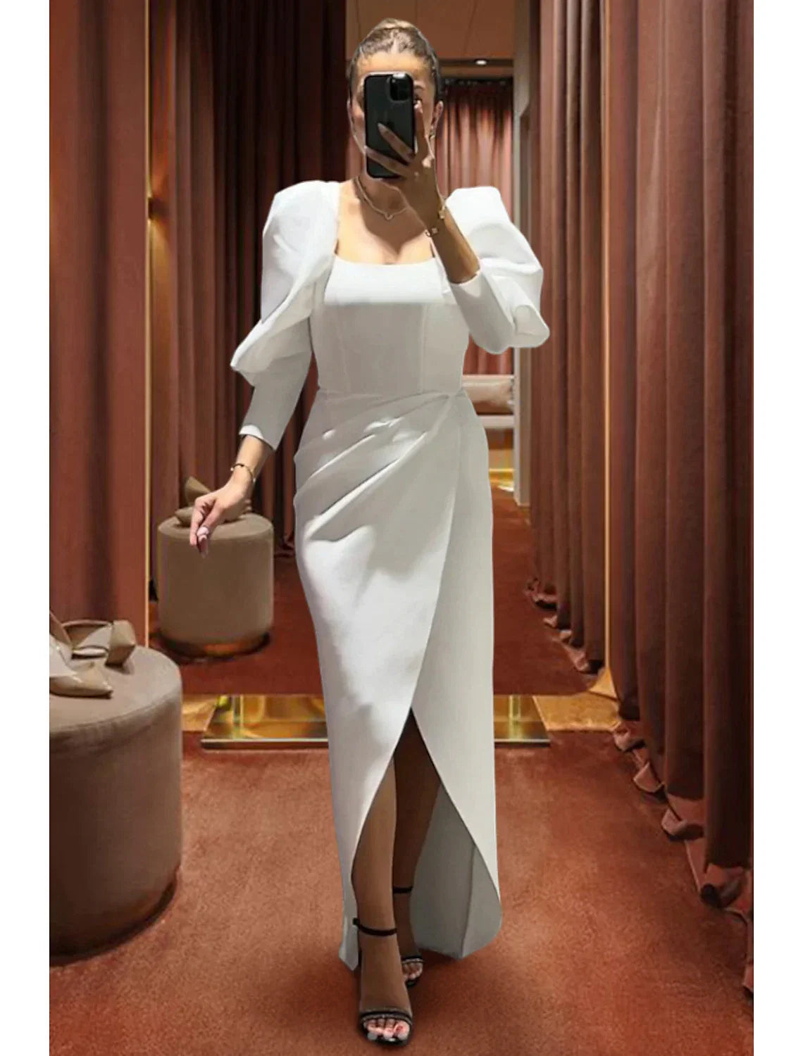 Black Sheath Square Neck Three-Quarter Sleeve High Slit Evening Gown - Chloe Dress