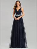 A-Line V-Neck Tulle Sleeveless Applique Floor-Length Prom Dress - Chloe Dress