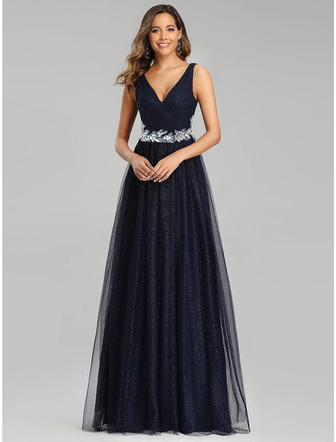 A-Line V-Neck Tulle Sleeveless Applique Floor-Length Prom Dress - Chloe Dress