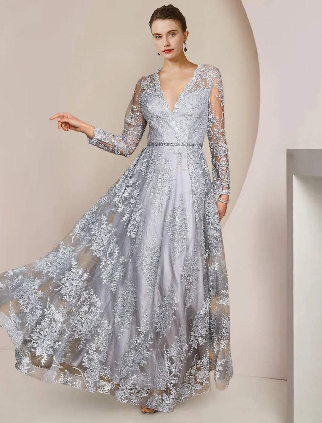 A-Line V-Neck Lace Long Sleeve Applique Floor-Length Wedding Dress - Chloe Dress