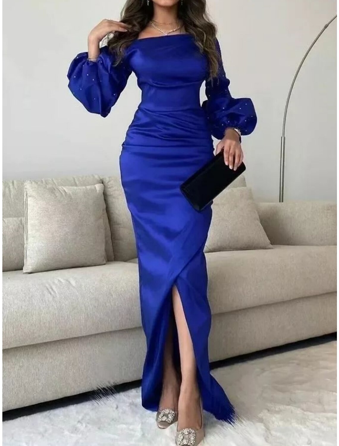 Mermaid Square Neck Satin Long Sleeve High Slit Floor-Length Evening Gown - Chloe Dress