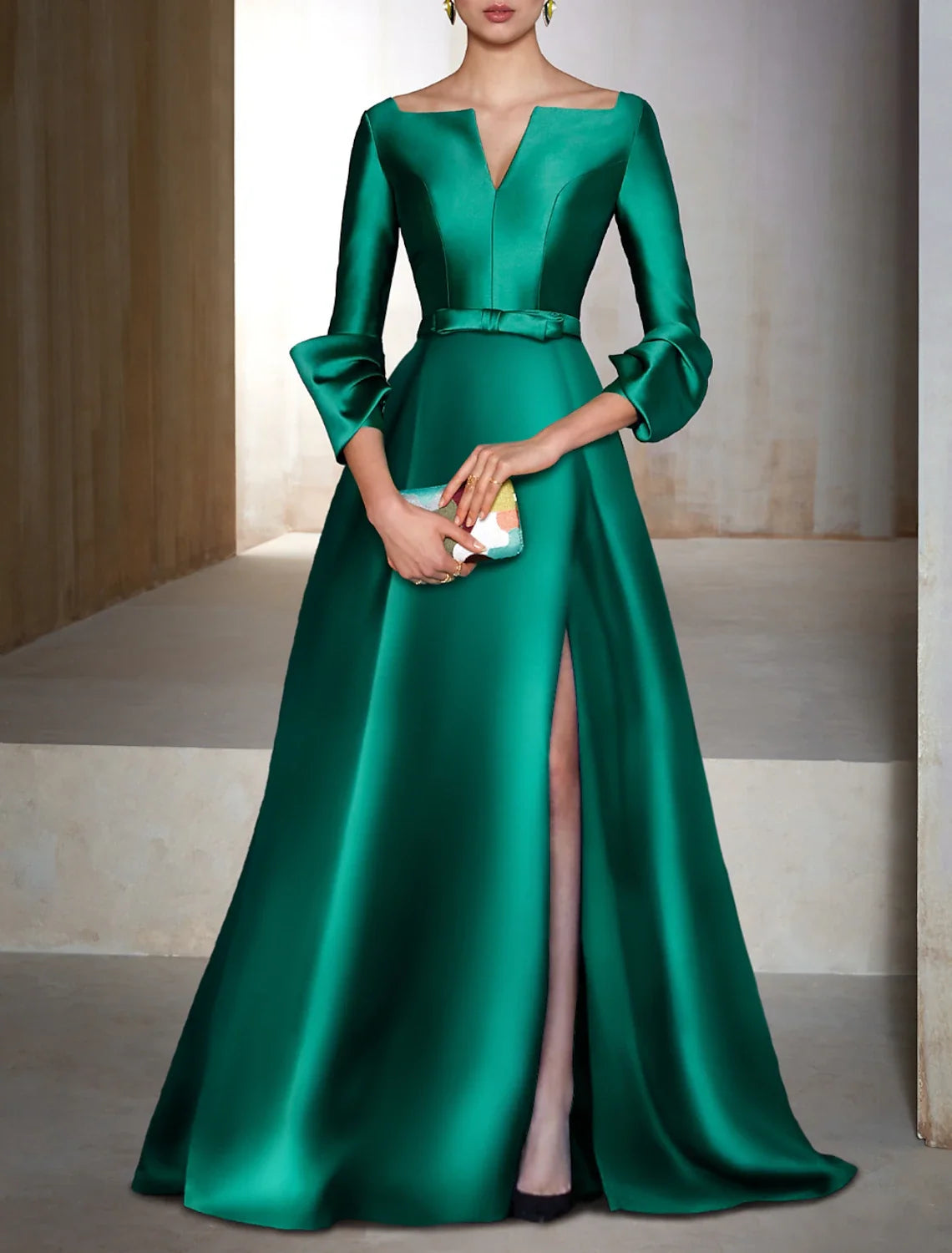 A-Line V-Neck Satin Long Sleeve Floor-Length Evening Gown - Chloe Dress