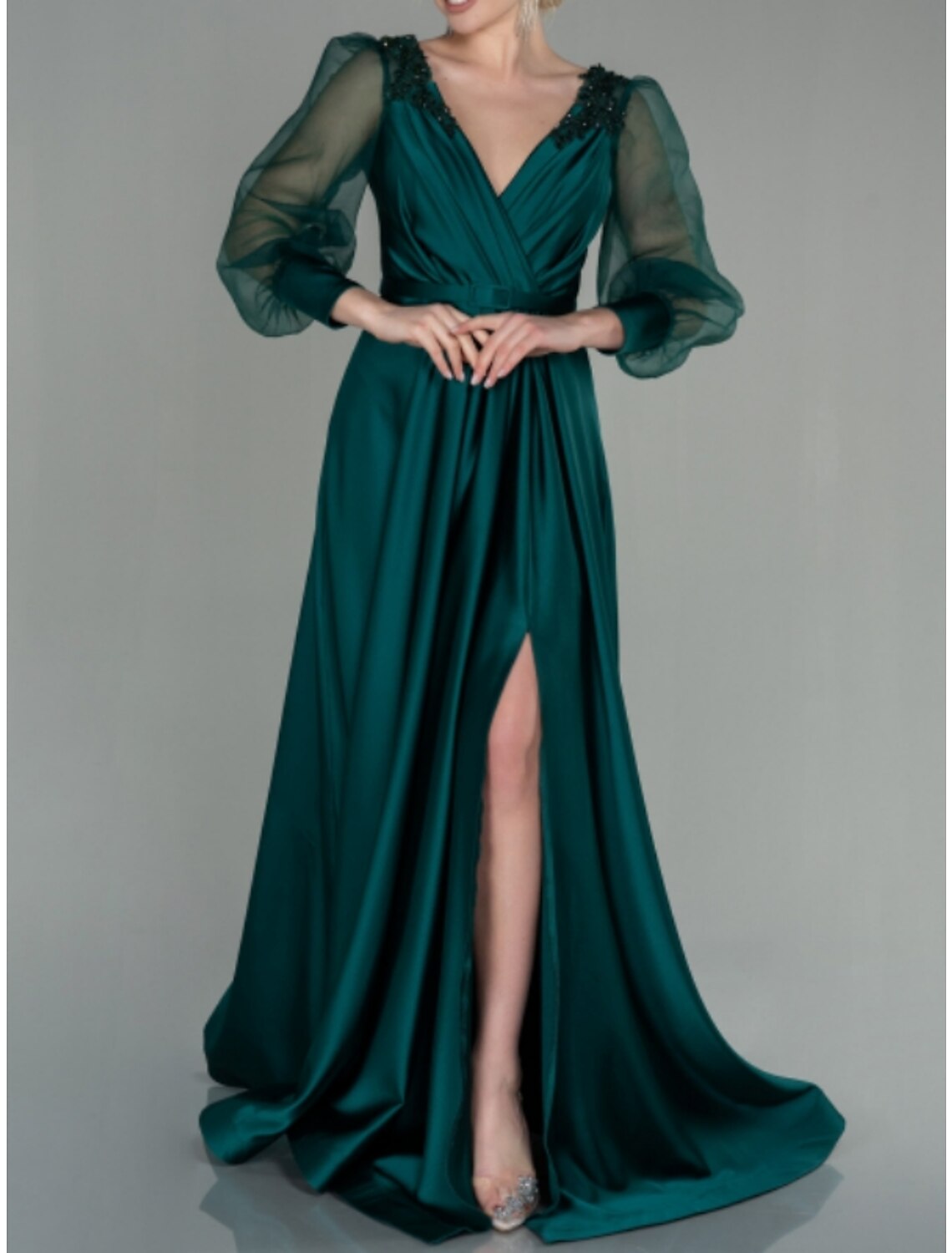 A-Line V-Neck Satin Long Sleeve High Slit Floor-Length Evening Gown - Chloe Dress