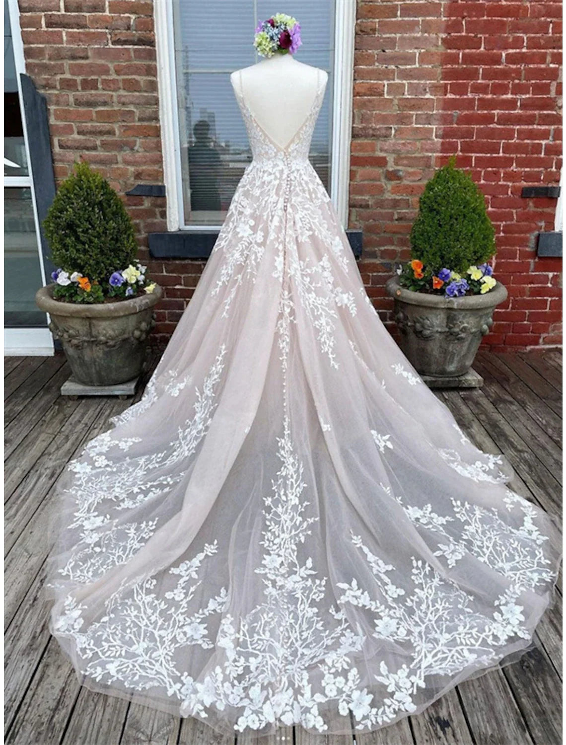 A-Line Sweetheart Lace Button Back Train Wedding Gown - Chloe Dress