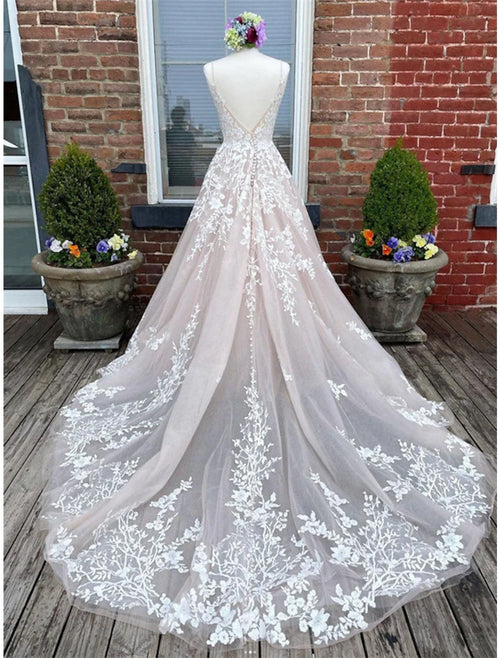 A-Line Sweetheart Lace Button Back Train Wedding Gown - Chloe Dress