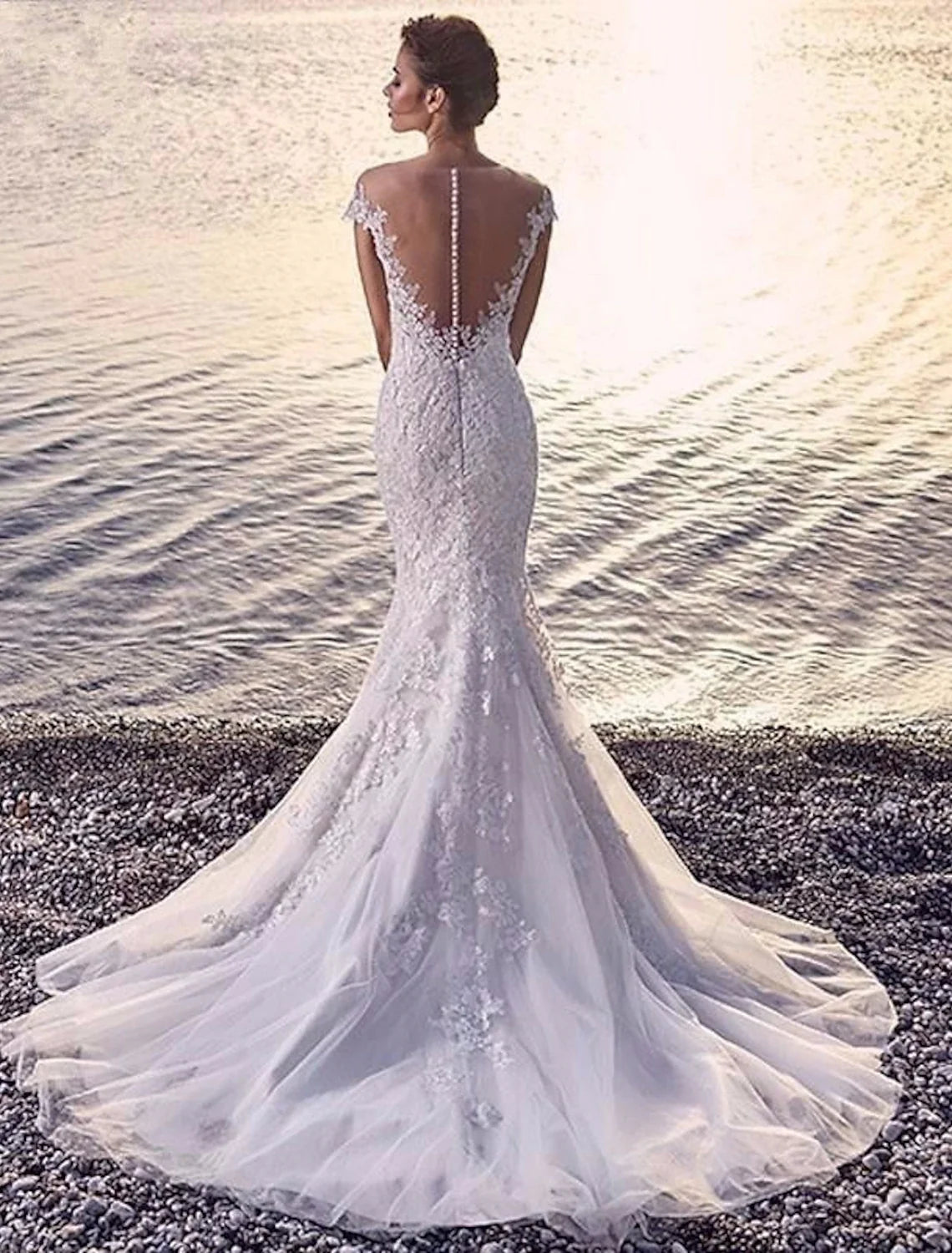 Mermaid Off-Shoulder Lace Cap Sleeve Train Wedding Gown - Chloe Dress