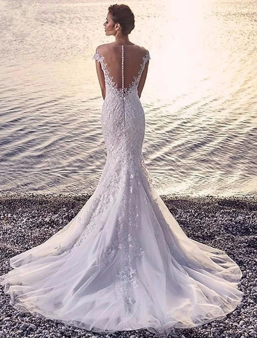 Mermaid Off-Shoulder Lace Cap Sleeve Train Wedding Gown - Chloe Dress