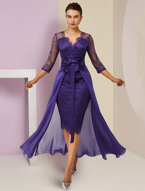 Sheath V-Neck Chiffon Three-Quarter Sleeve Knee-Length Wedding Dress - Chloe Dress