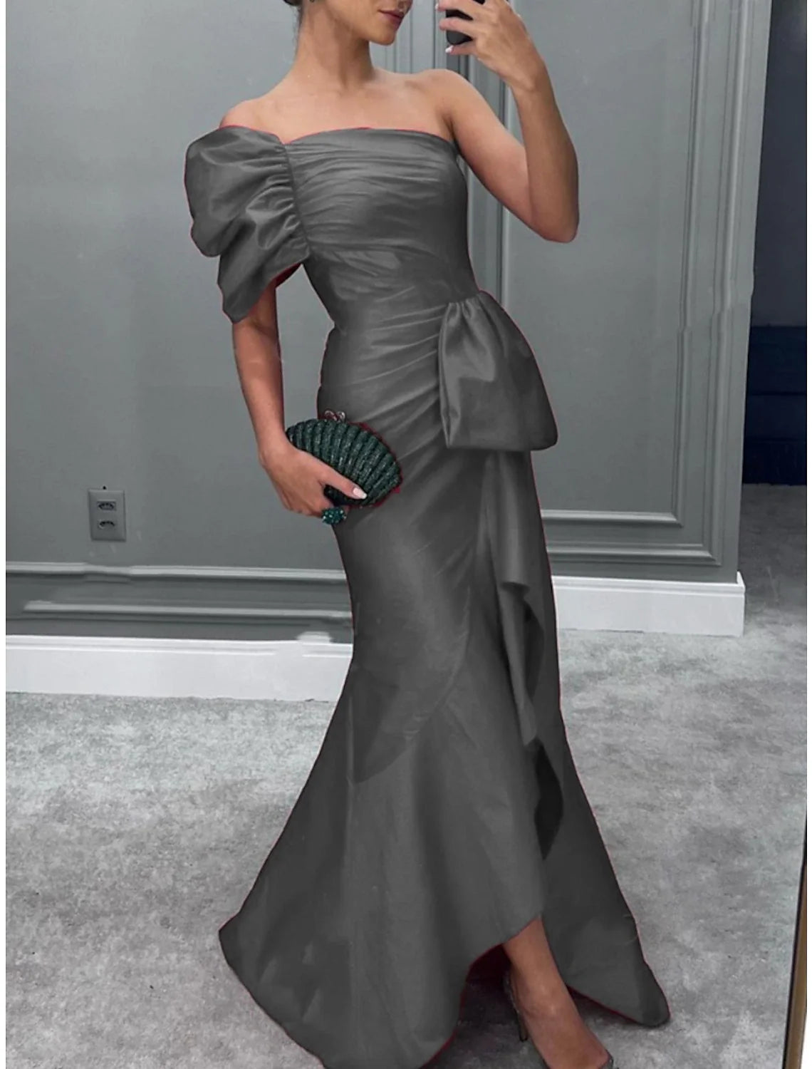 Green Mermaid One-Shoulder Satin Short Sleeve Ruffled Mini Evening Gown - Chloe Dress