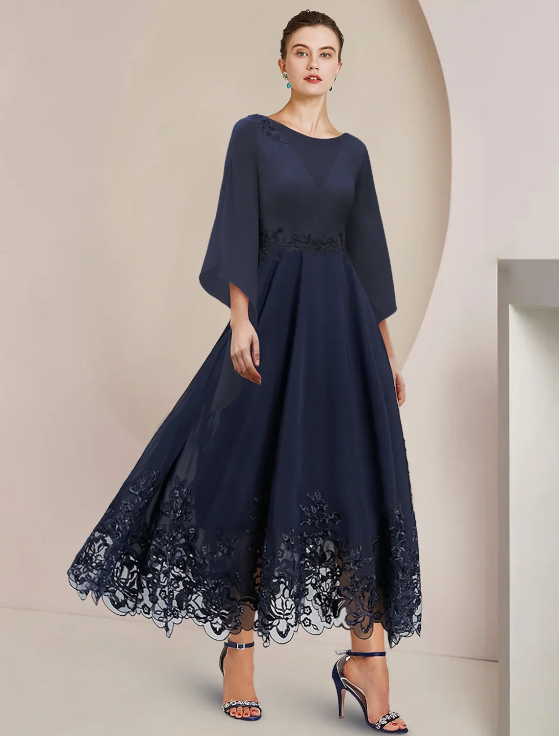 A-Line Chiffon Three-Quarter Sleeve Applique Tea-Length Wedding Dress - Chloe Dress