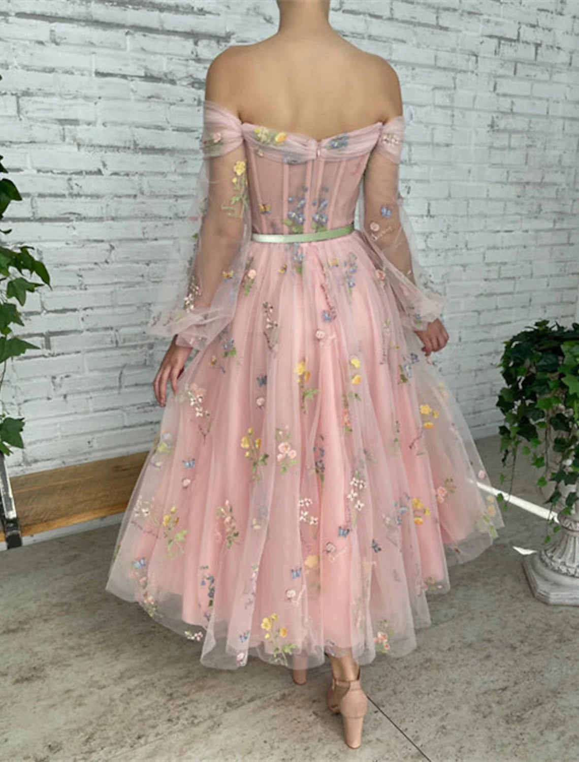 A-Line Off-Shoulder Lace Long Sleeve Applique Ankle-Length Prom Dress - Chloe Dress