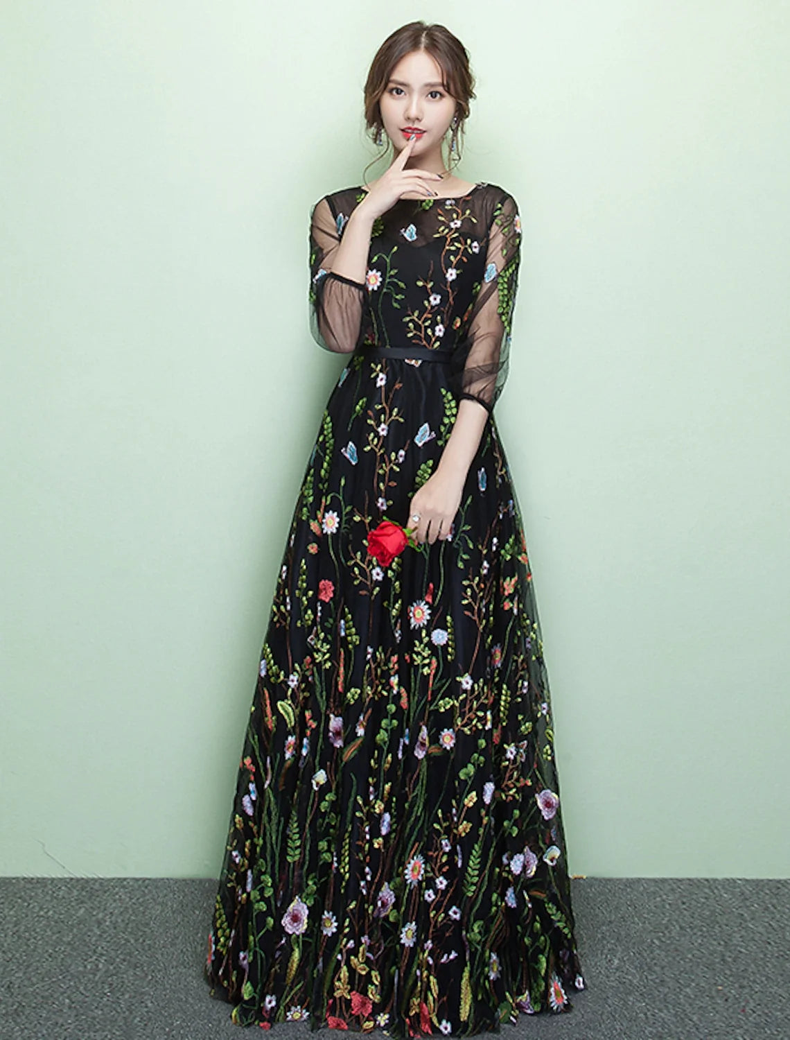 A-Line Lace Three-Quarter Sleeve Floor-Length Evening Dress - Chloe Dress