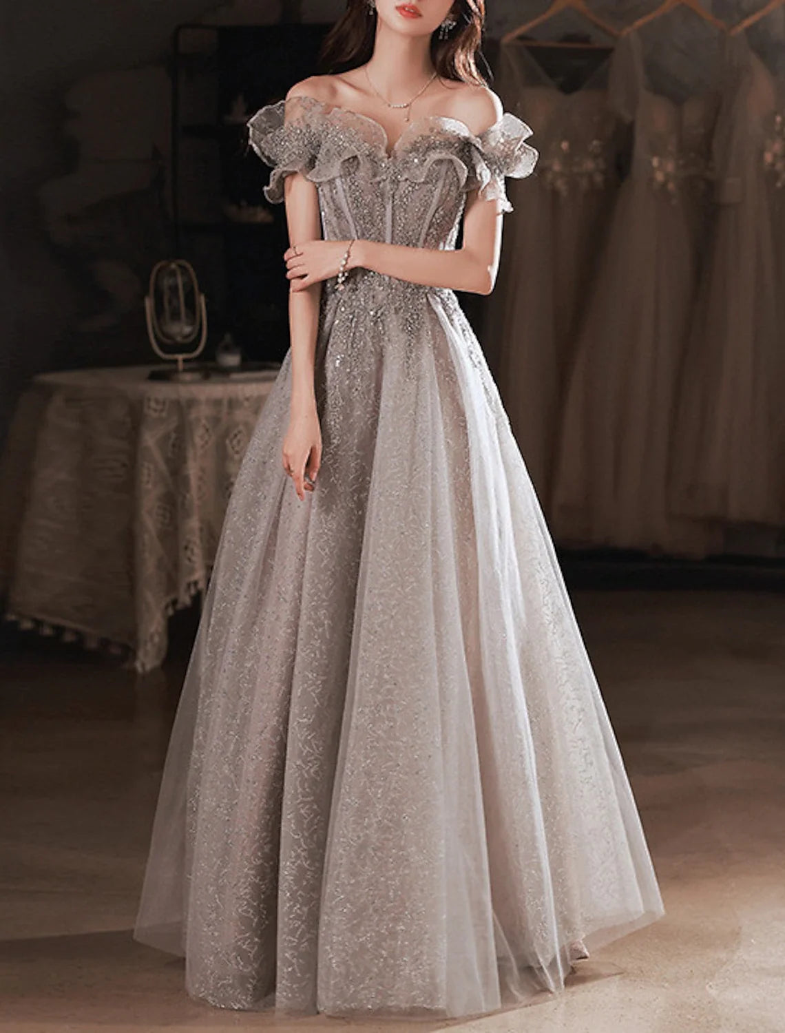 A-Line Off-Shoulder Sequin Short Sleeve Ruffled Floor-Length Prom Dress - Chloe Dress