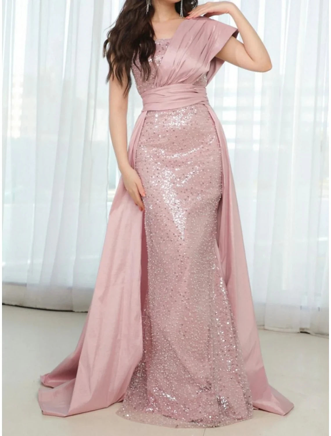 Sheath One-Shoulder Satin Short Sleeve Train Mini Evening Gown - Chloe Dress