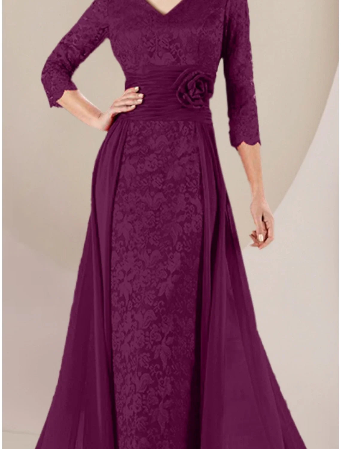 A-Line V-Neck Chiffon Three-Quarter Sleeve Applique Floor-Length Wedding Dress - Chloe Dress