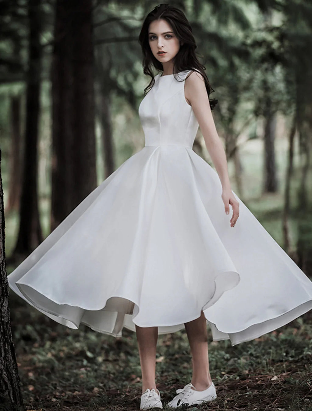 White A-Line Satin Sleeveless Tea-Length Wedding Gown - Chloe Dress