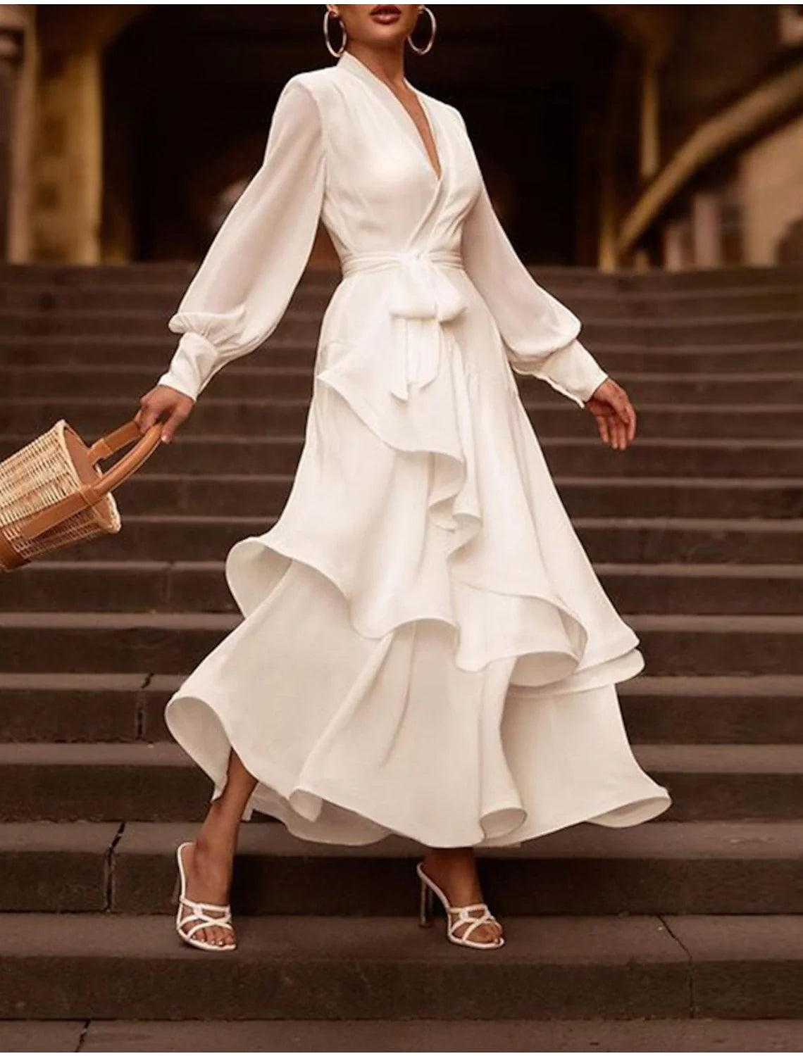 White A-Line V-Neck Chiffon Long Sleeve Ruffled Wedding Gown - Chloe Dress