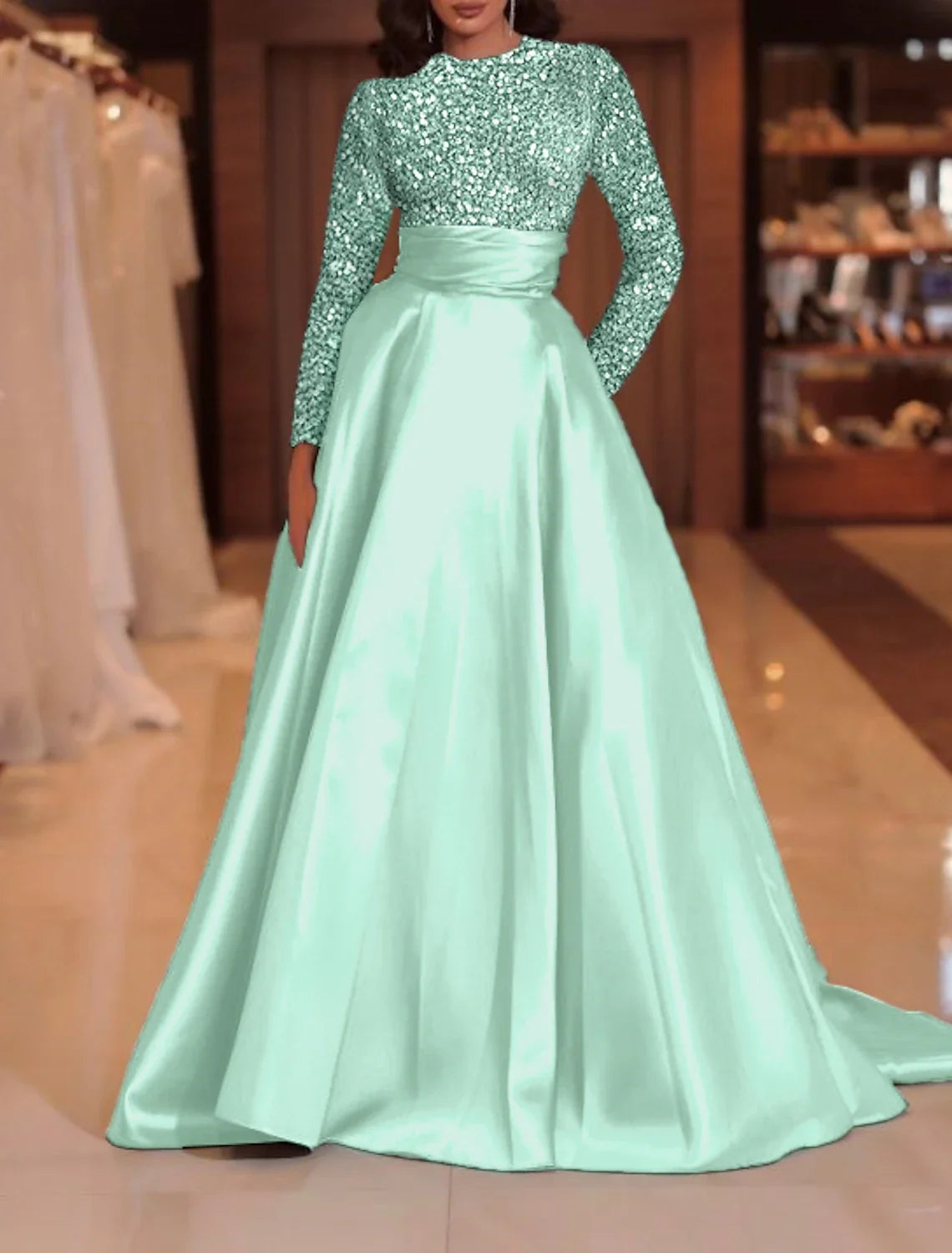 Green A-Line High Neck Satin Long Sleeve Train Evening Gown - Chloe Dress